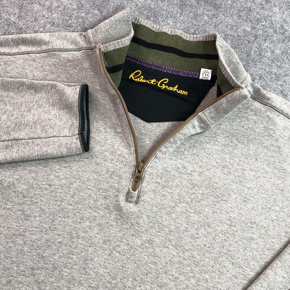 Robert Graham Men Pullover Large (Tag reads 2XL) Gray Quarter Zip Patterned Trim